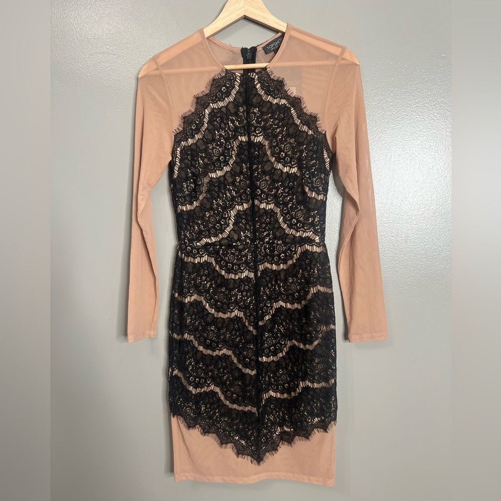 Topshop Black Nude Floral Lace Overlay Bodycon Mini Dress Long Sleeve Party